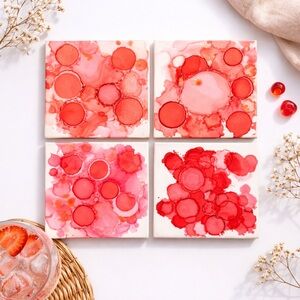 Red Alcohol Ink Coasters Set of 4, Abstract Ceramic Tile Decor